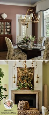 Interior images of the Southern Living Idea House featuring a Dutch Cocoa–painted dining room and a living area with a fireplace, statement furnishings, and Chartreuse walls.