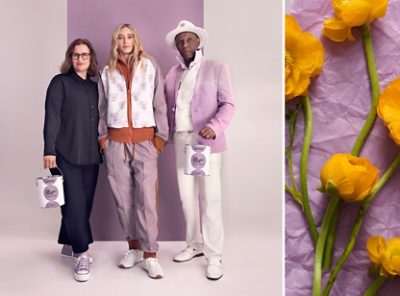 Sue Wadden, Paige Bueckers, and Dapper Dan posed in lilac outfits holding paint cans; yellow flowers on purple background on the right.