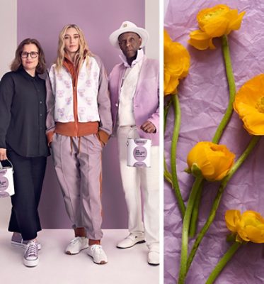 Sue Wadden, Paige Bueckers, and Dapper Dan posed in lilac outfits holding paint cans; yellow flowers on purple background on the right.