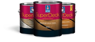 Three cans of Sherwin-Williams SuperDeck products.