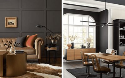 Left image: dark gray walls with bronze couch and table, side table, right image: living room with large window, wooden furniture and black/white walls.