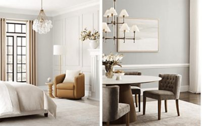 Left image: bright, neutral bedroom with standing lamp, chair, large window with drapes, right image: dining room with large round table and cushioned chairs, light fixture and painting.