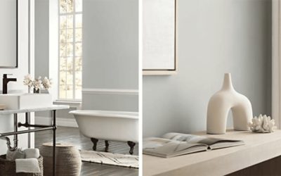Left image: neutral bright bathroom with large window and baskets for storage, right image: neutral wall and shelf with open book and decor.