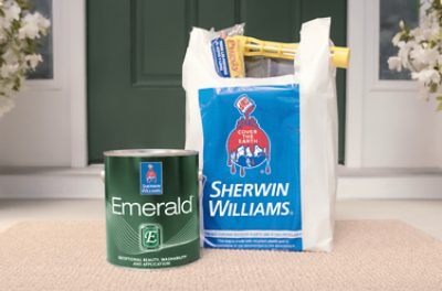 A Sherwin-Williams bag and a can of Emerald paint on a doorstep.