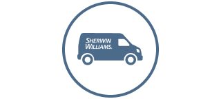 A blue-gray icon of a Sherwin-Williams delivery van inside a circle.