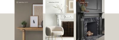 Three images featuring rooms painted in Studio Clay, White Snow and Iron Ore.