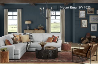 Living room painted in dark blue with two windows, a chandelier, couch, chair, circular coffee table. 