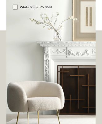 An ornate fireplace against a wall painted White Snow SW 9541.