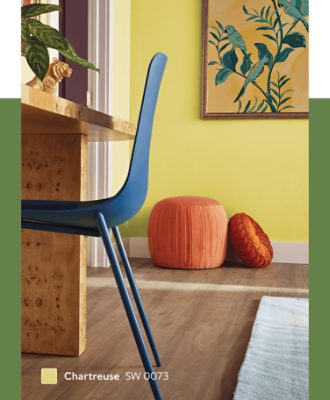 A home office painted Chartreuse SW 0073.