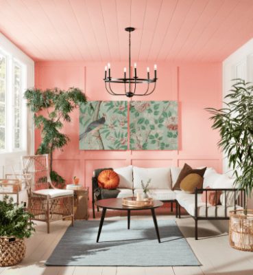 Cozy living room with pink walls and ceiling, white sofa, wooden coffee table, green plants, and two large botanical paintings above the sofa.
