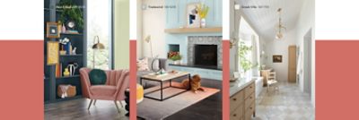 Three images of rooms painted in Rain Cloud SW 9639, Tradewind SW 6218 and Greek Villa SW 7551.