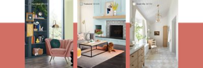 Three images of rooms painted in Rain Cloud SW 9639, Tradewind SW 6218 and Greek Villa SW 7551.