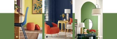 Three images of rooms painted in Chartreuse SW 0073, In The Navy SW 9178, and Talipot Palm SW 6726.
