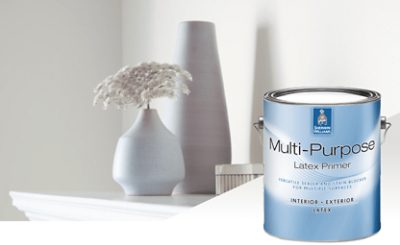 A white mantle with white vases and a can of Multi-Purpose Latex Primer.