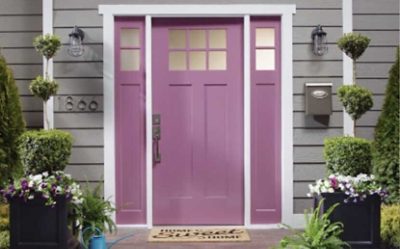 A front door and side panels painted pink.