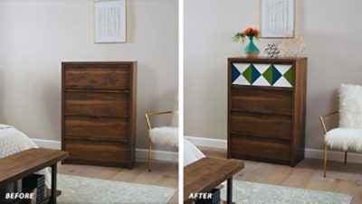 A before and after image of an updated dresser with two toned painted drawer.