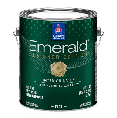 A can of Sherwin-Williams Emerald Designer Edition Interior Latex paint.