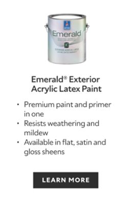 Sherwin-Williams Emerald Exterior Acrylic Latex Paint, premium paint and primer in one, resists weathering and mildew, available in flat, satin, and gloss sheens.