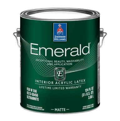 A can of Sherwin-Williams Emerald Interior Acrylic Latex paint.