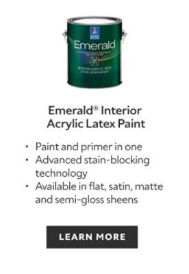 Sherwin-Williams Emerald Interior Acrylic Latex Paint, paint and primer in one, advanced stain blocking technology, available in flat, satin, matte and semi gloss sheens, learn more.