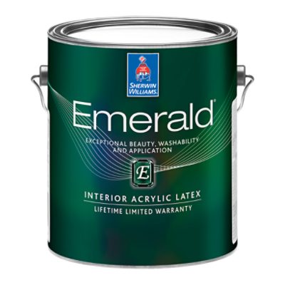 A paint can with a dark green label for Sherwin-Williams Emerald paint.