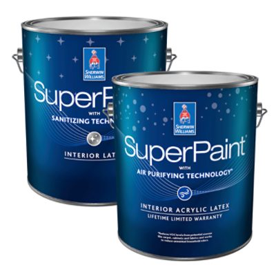 A blue labeled paint can for Sherwin-Williams SuperPaint with Air Purifying Technology interior paint.