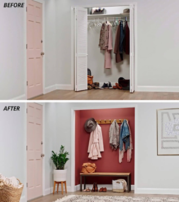 A before and after image of an entryway closet before and after it was updated