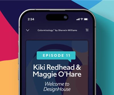Colormixology episode 11, Kiki Redhead and Maggie O'Hare Welcome to DesignHouse shown on a mobile phone.