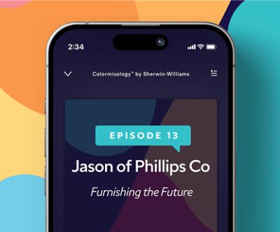 Colormixology episode 13, Jason of Phillips Co Furnishing the Future on a mobile phone.