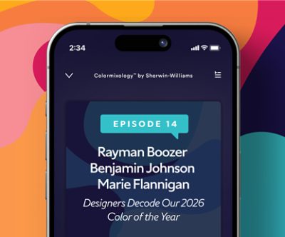 Mobile phone showing Colormixology episode 14 with Rayman Boozer, Benjamin Johnson, and Marie Flannigan titled Designers decode our 2026 color of the year.
