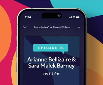 Mobile phone showing Colormixology podcast episode 16, Arianne Bellizaire and Sara Malek Barney on Color.