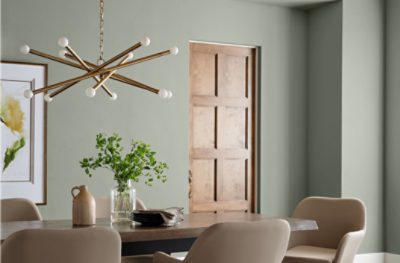 Modern dining room painted Sherwin Williams 2022 color of the year SW 9130 Evergreen Fog.