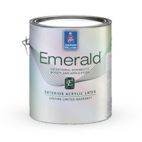 A gallon of Emerald Exterior Acrylic Latex.