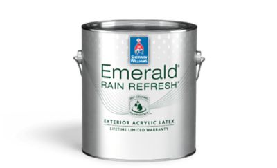 A can of Emerald Rain Refresh Exterior Acrylic Latex.