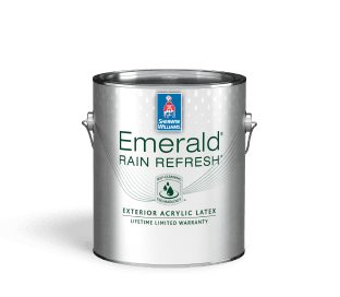 A can of Emerald Rain Refresh Exterior Acrylic Latex.