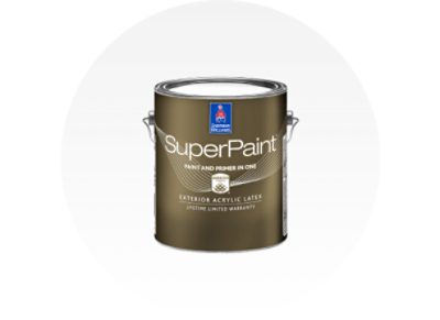 A can of Sherwin-Williams SuperPaint exterior acrylic latex paint.