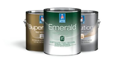 Three cans of exterior paint.