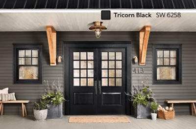 The entrance to a home with double front doors painted Triccorn Black and gray siding.