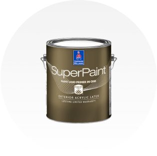 A can of Sherwin-Williams SuperPaint exterior acrylic latex paint.