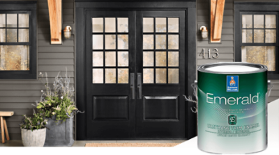The entrance to a home with black front doors and gray siding. Emerald Urethane Trim Enamel.