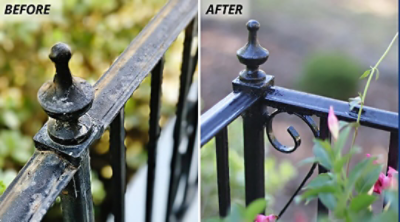 A before and after of an exterior railing