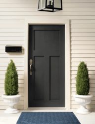 The front of a vinyl sided house with a black front door 