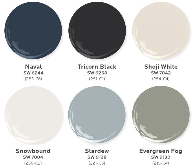 Graphic of six paint dollops depicting some of the top trending paint colors for bathrooms.