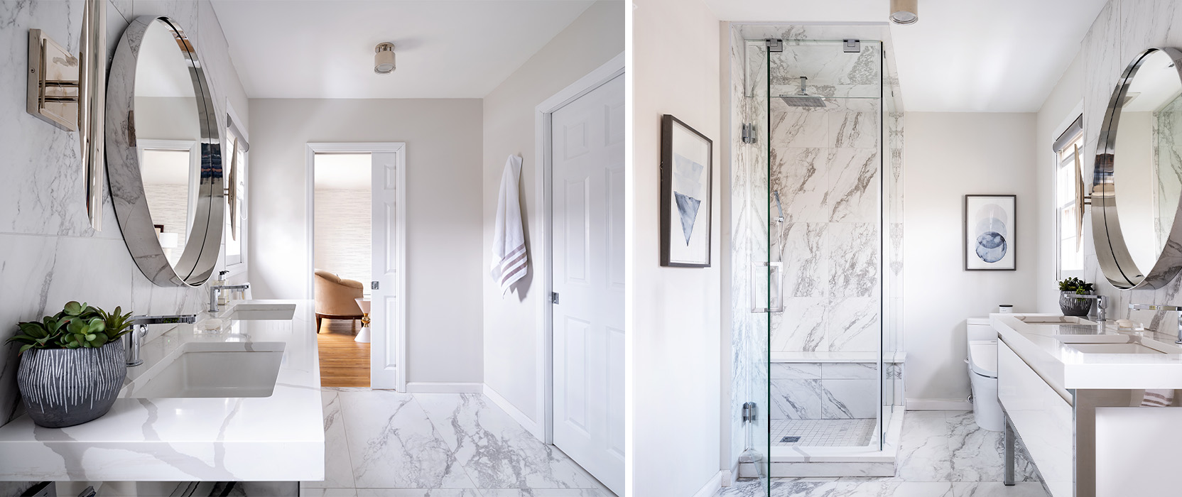 Two photos featuring opposite ends of white bathroom with rainfall shower, double vanity, marble floors and countertop and minimalist styling.