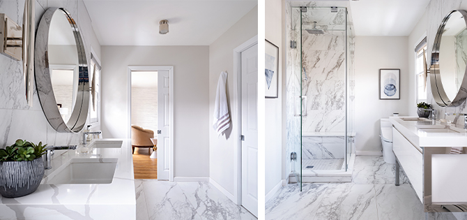 Two photos featuring opposite ends of white bathroom with rainfall shower, double vanity, marble floors and countertop and minimalist styling.