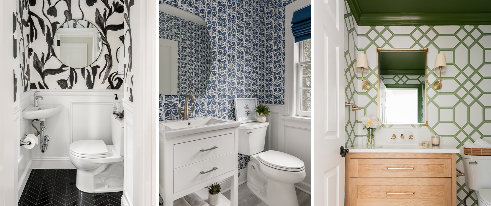Left image: Small half bath with corner sink and black and white patterned wallpaper above wainscoting painted Extra White. Right image: Sink and toilet in blue-and-white wallpapered bathroom with Extra White wainscoting.
