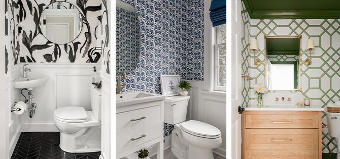 Left image: Small half bath with corner sink and black and white patterned wallpaper above wainscoting painted Extra White. Right image: Sink and toilet in blue-and-white wallpapered bathroom with Extra White wainscoting.
