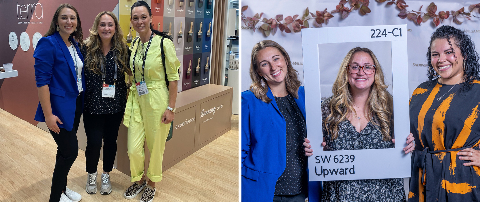 Photos of three smiling women at the Sherwin-Williams booth at a tradeshow and holding up a frame of the Color of the Year, Upward, at a color forecast event.