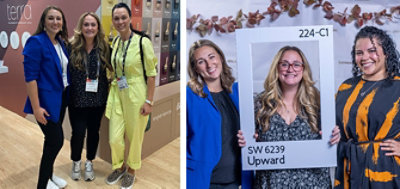 Photos of three smiling women at the Sherwin-Williams booth at a tradeshow and holding up a frame of the Color of the Year, Upward, at a color forecast event.
