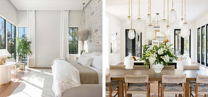 Left image: High-ceilinged white bedroom with lots of natural light. Right image: Dining table with large floral centerpiece, staggered frosted glass lanterns arranged above, and view through the dining area into a living area with white walls and black trim.